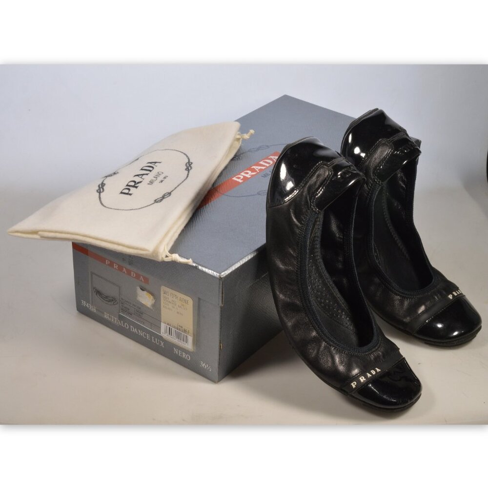 Prada Buffalo Dance Lux Black Leather Ballet Flats 3f4358 Size 36.5 W/ Box